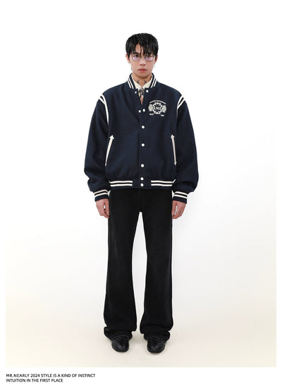 Logo Embroidery Varsity Jacket Korean Street Fashion Jacket By Mr Nearly Shop Online at OH Vault