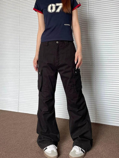 Pleated Loose Fit Flared Cargo Pants Korean Street Fashion Pants By Apocket Shop Online at OH Vault