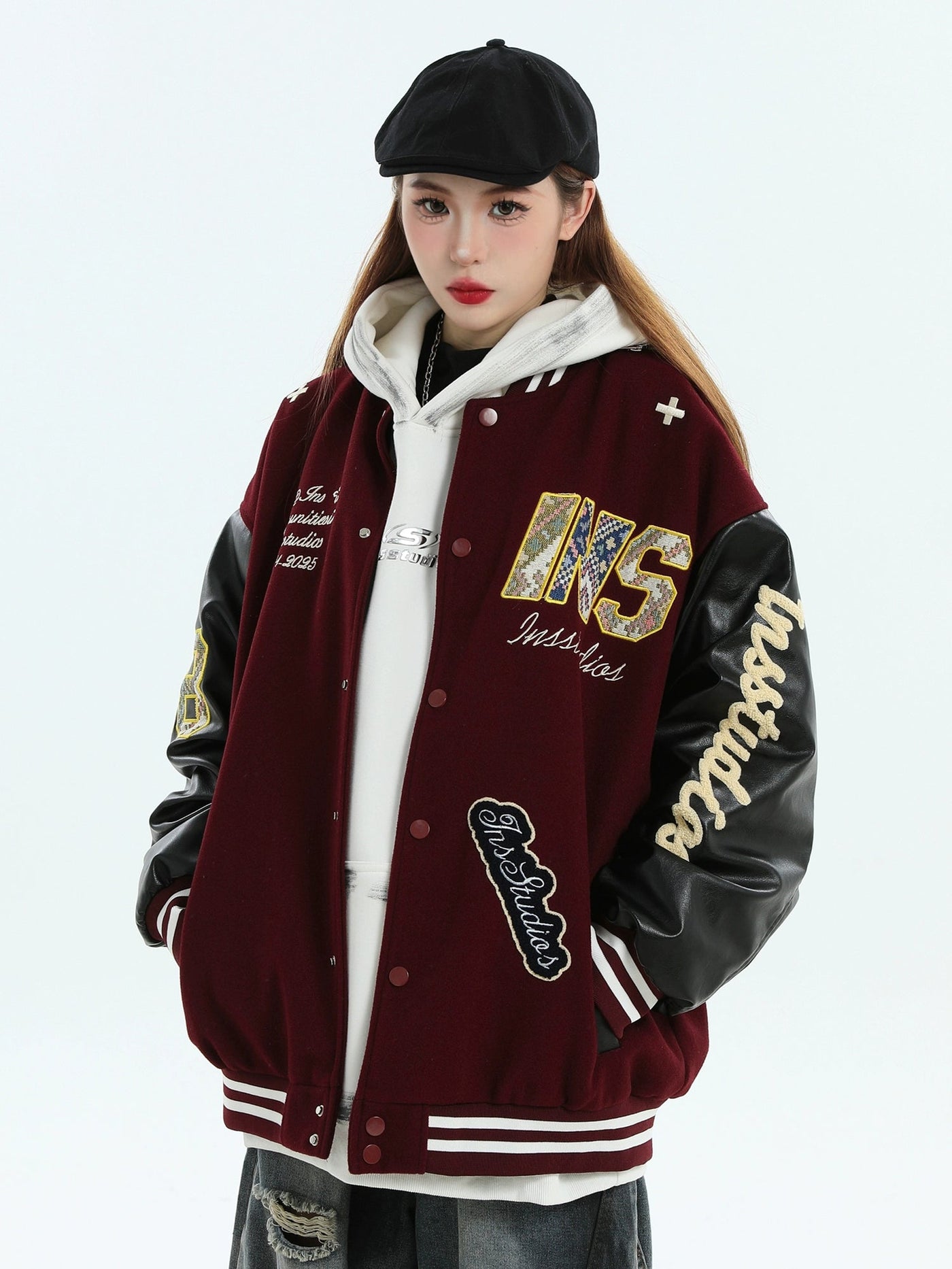 Patched Logo Varsity Jacket Korean Street Fashion Jacket By INS Korea Shop Online at OH Vault