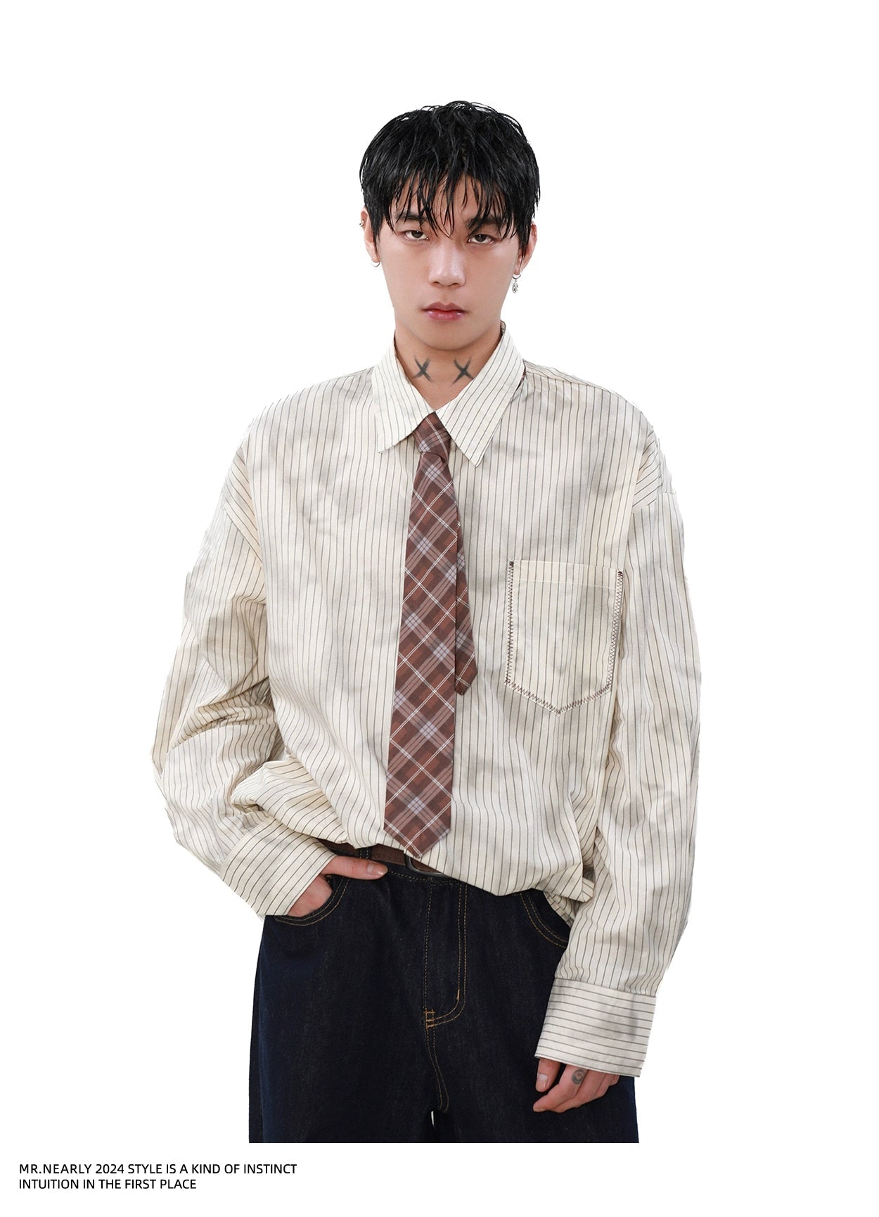 Vertical Stripes Stitched Pocket Shirt Korean Street Fashion Shirt By Mr Nearly Shop Online at OH Vault