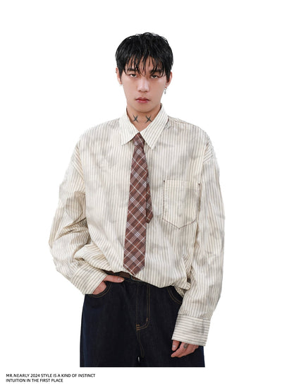 Vertical Stripes Stitched Pocket Shirt Korean Street Fashion Shirt By Mr Nearly Shop Online at OH Vault