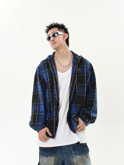 Logo Plaid Raw Edge Zip-Up Hoodie Korean Street Fashion Hoodie By Blacklists Shop Online at OH Vault