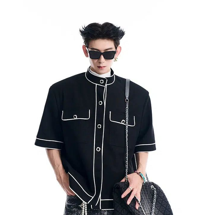 Contrast Piping Stand Collar Shirt Korean Street Fashion Shirt By Slim Black Shop Online at OH Vault