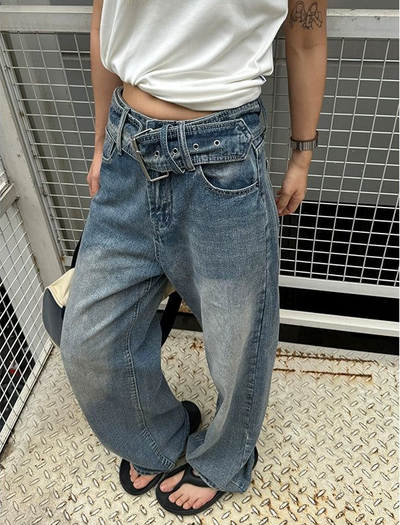 Wide Waist Strap Belt Jeans Korean Street Fashion Jeans By Made Extreme Shop Online at OH Vault