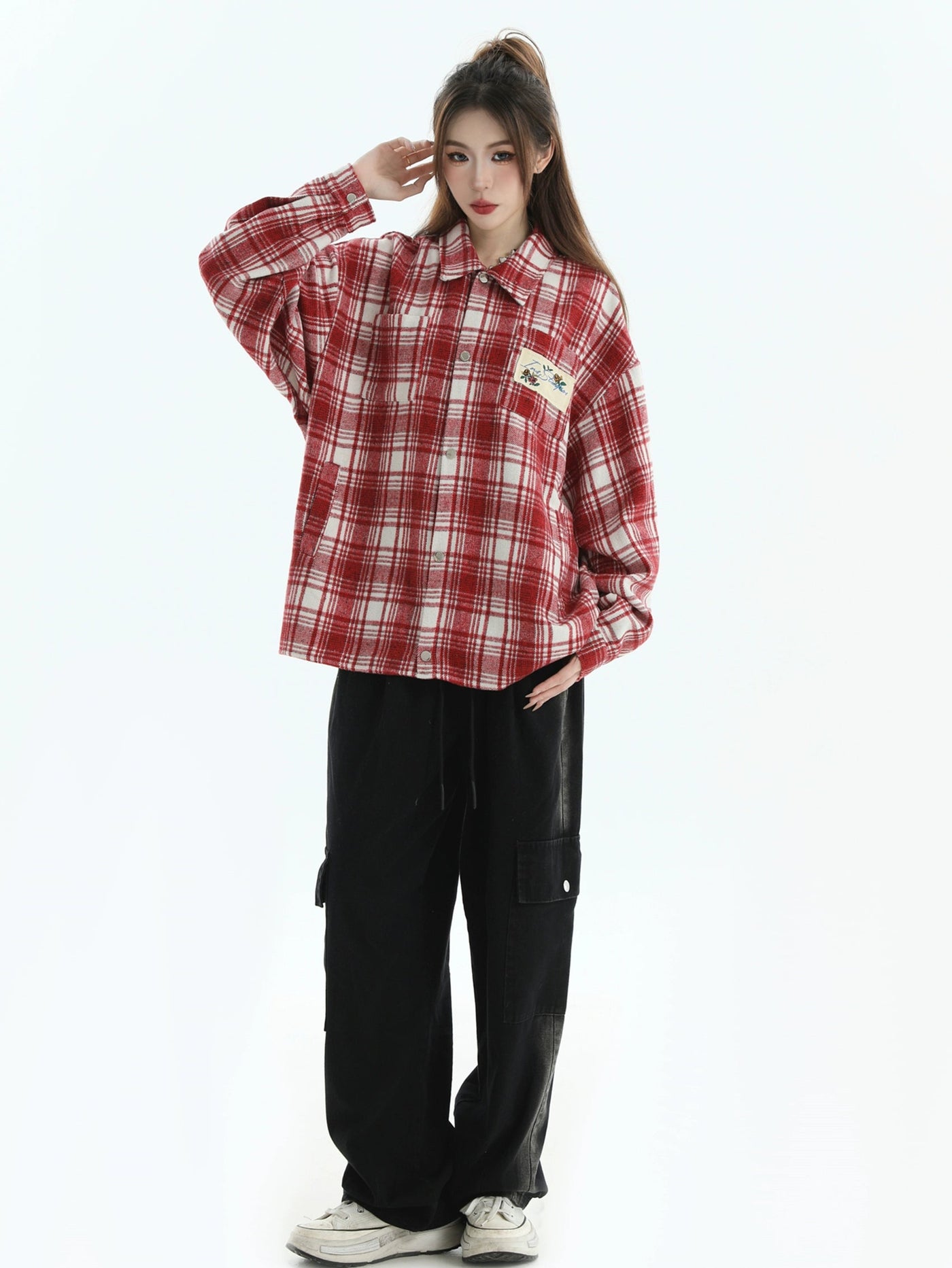 Patched Plaid Comfty Shirt Korean Street Fashion Shirt By INS Korea Shop Online at OH Vault