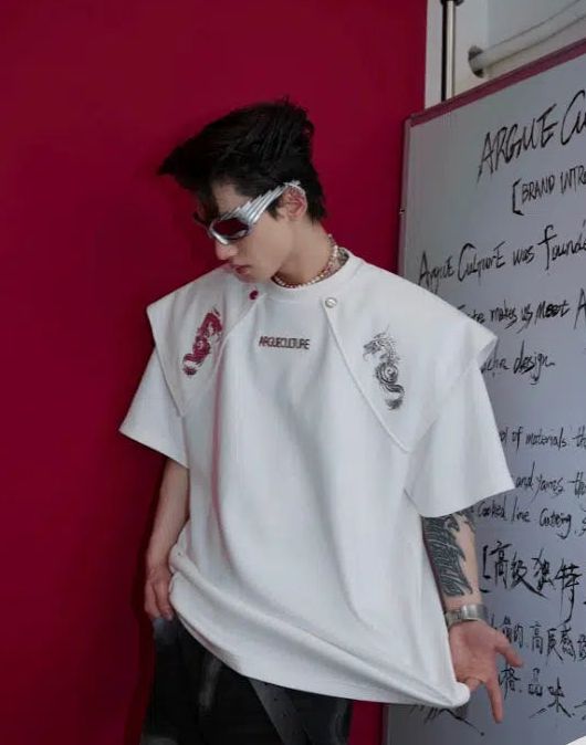 Shoulder Flap Metallic Accent T-Shirt Korean Street Fashion T-Shirt By Argue Culture Shop Online at OH Vault