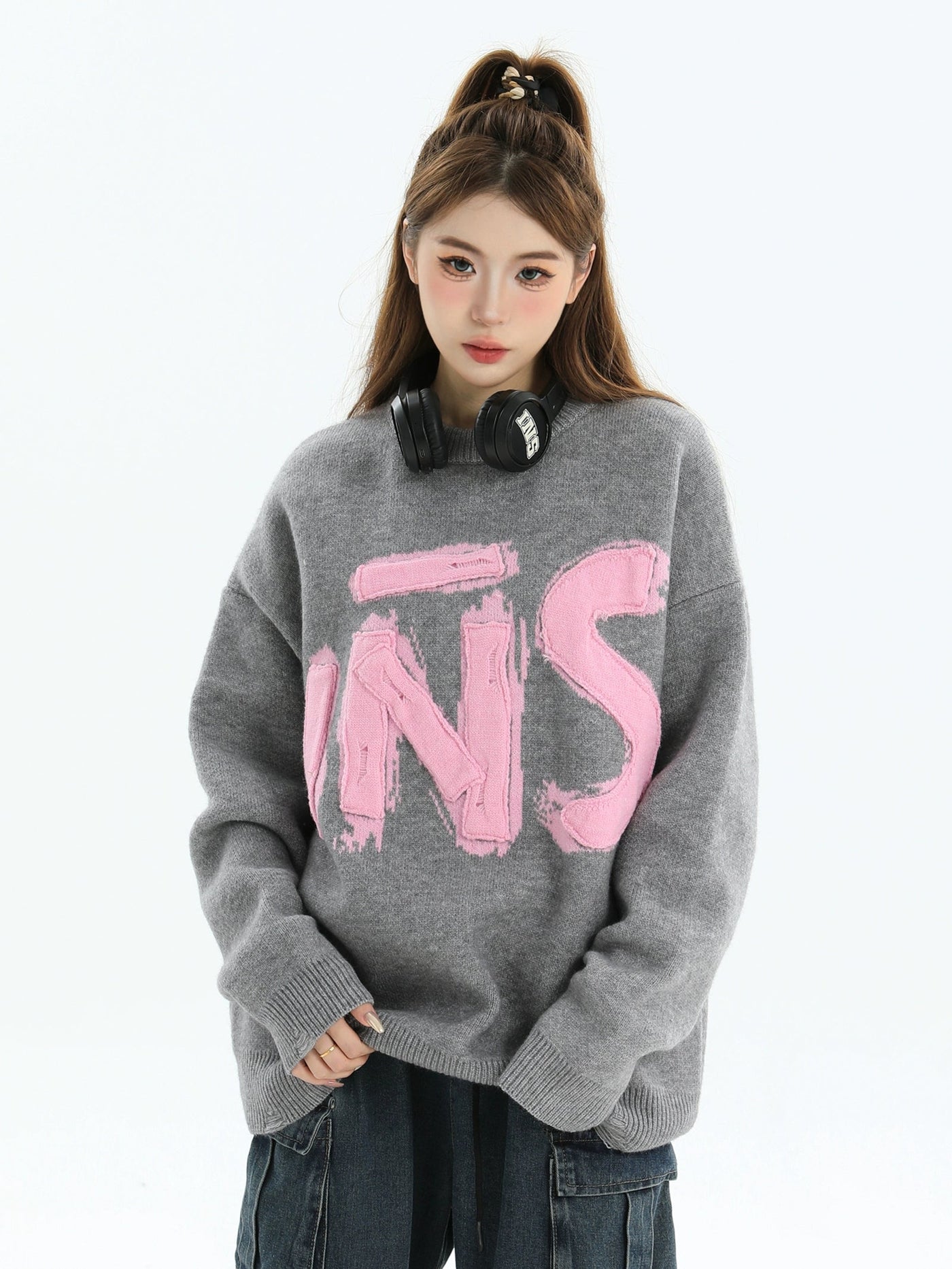 Smudged Logo Patched Sweater Korean Street Fashion Sweater By INS Korea Shop Online at OH Vault