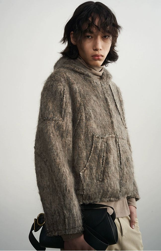 Fuzzy Structured Zip-Up Jacket Korean Street Fashion Jacket By 11St Crops Shop Online at OH Vault