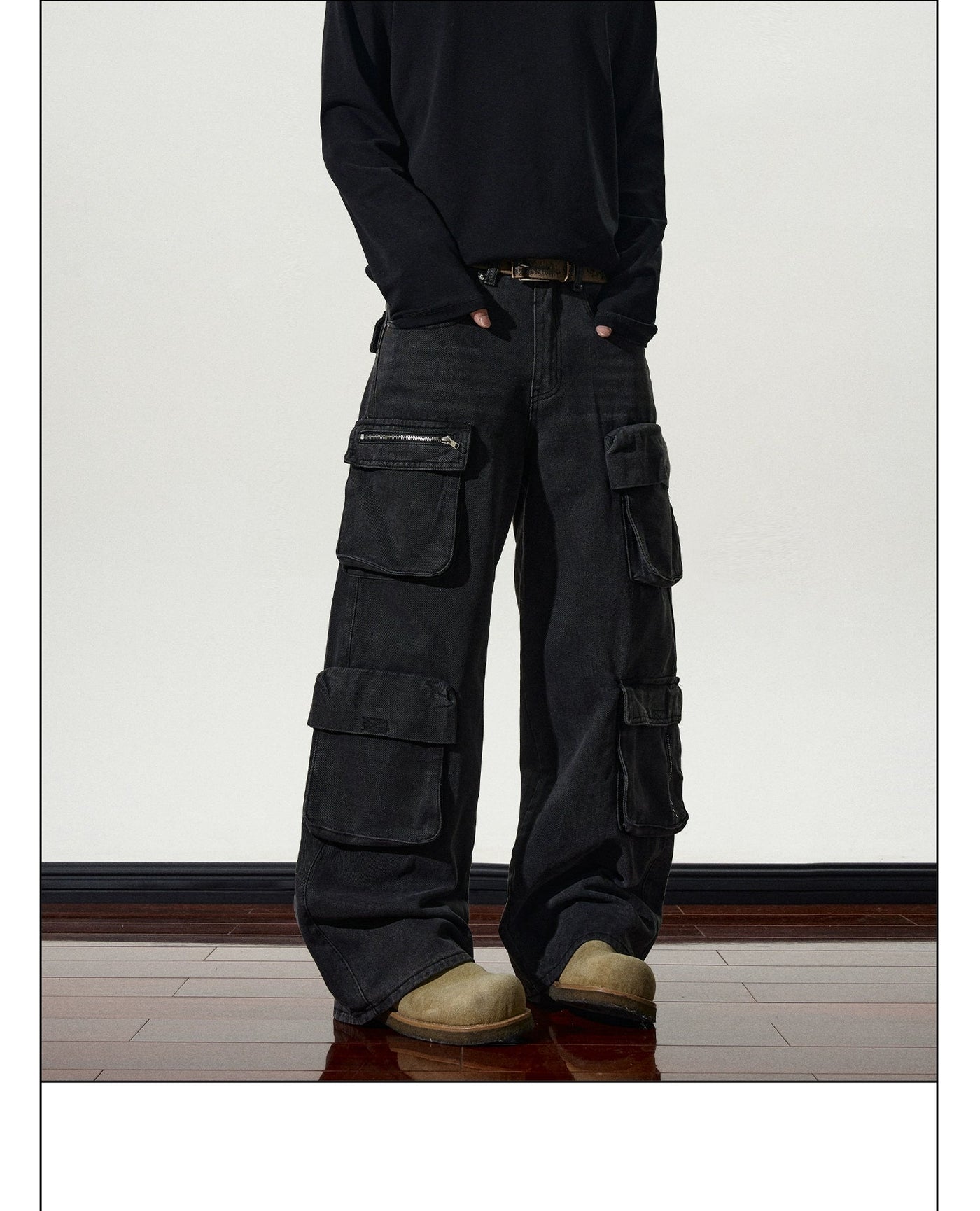 Whiskered Multi-Pocket Cargo Jeans Korean Street Fashion Jeans By A PUEE Shop Online at OH Vault