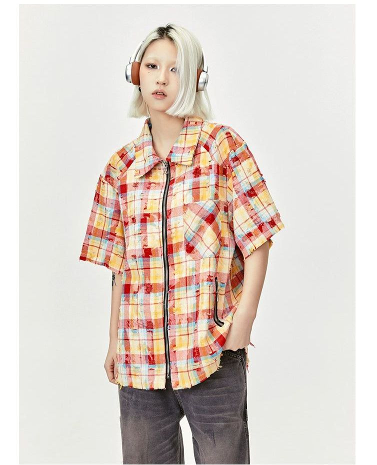 Raw Edge Plaid Zip-Up Shirt Korean Street Fashion Shirt By Made Extreme Shop Online at OH Vault