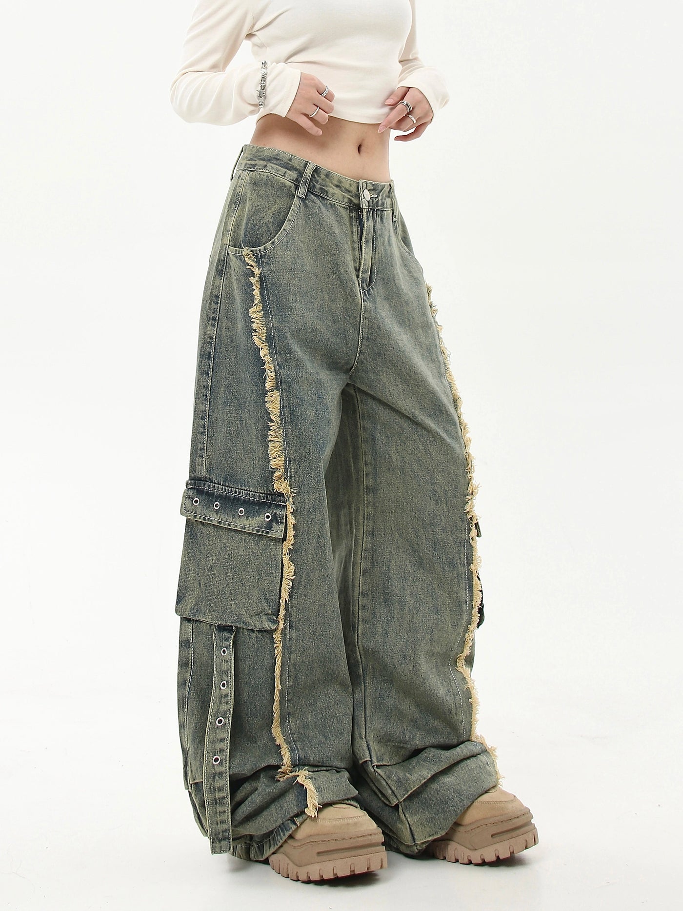 Distressed Pleats Raw Edge Jeans Korean Street Fashion Jeans By Blacklists Shop Online at OH Vault