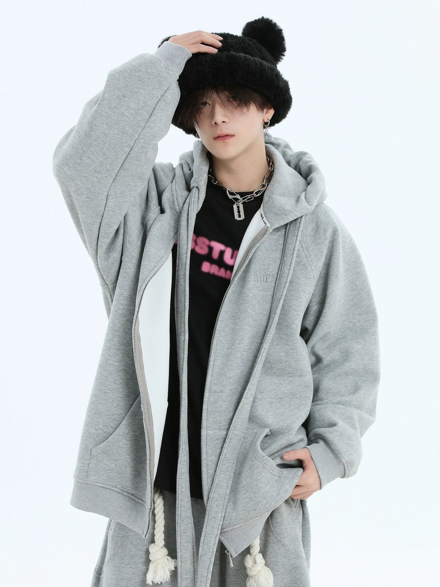 Casual Neck Strap Zip-Up Hoodie Korean Street Fashion Hoodie By INS Korea Shop Online at OH Vault