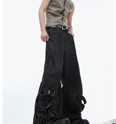 Distressed Strap Pleated Jeans Korean Street Fashion Jeans By Argue Culture Shop Online at OH Vault