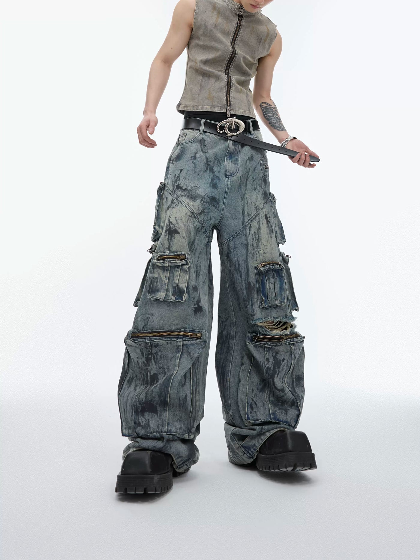 Hand-Painted Ripped Cargo Jeans Korean Street Fashion Jeans By Argue Culture Shop Online at OH Vault