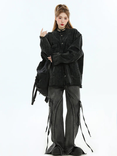 Multi-Pocket Frayed Denim Jacket Korean Street Fashion Jacket By INS Korea Shop Online at OH Vault