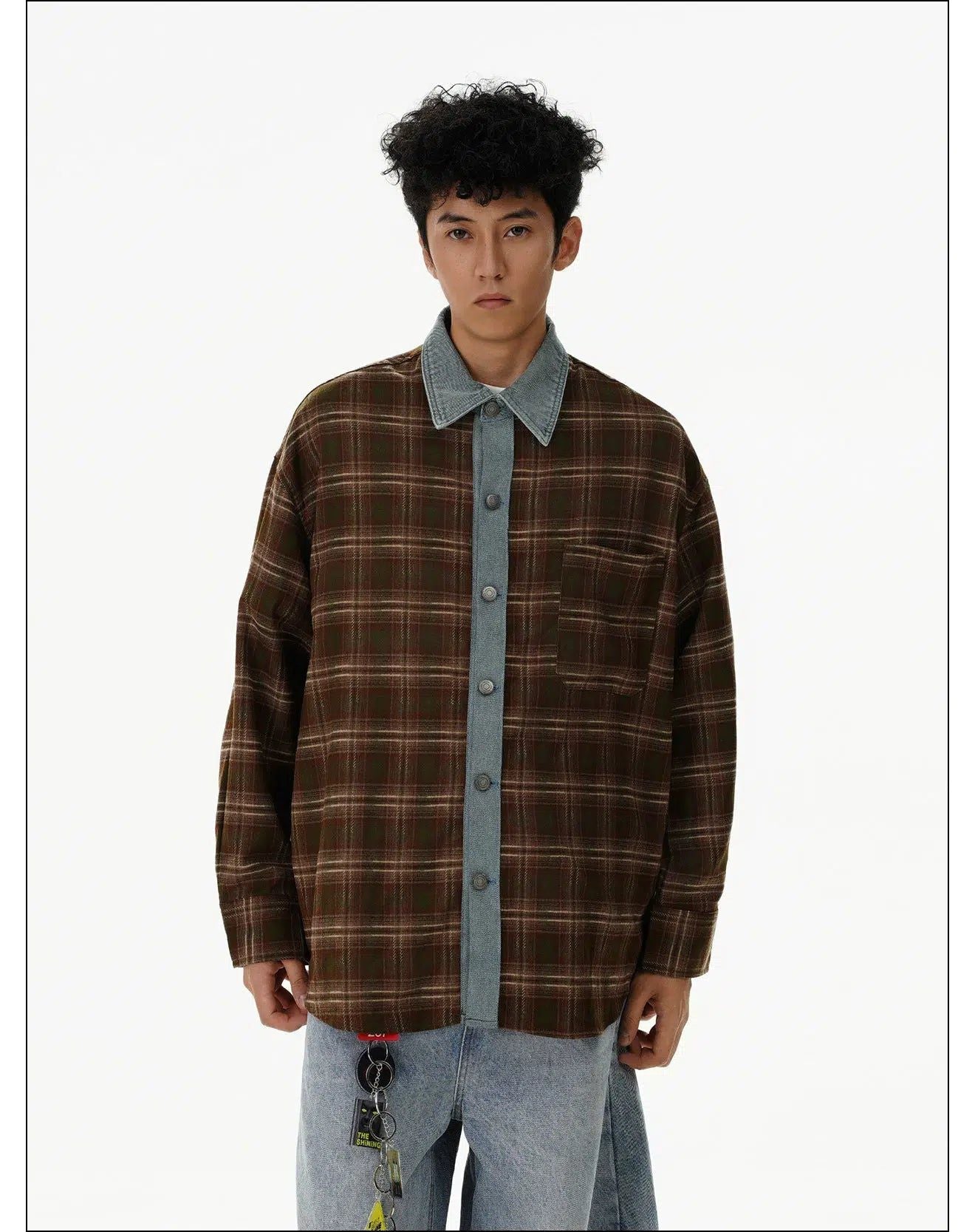 Plaid Stitched Denim Shirt Korean Street Fashion Shirt By Mr Nearly Shop Online at OH Vault