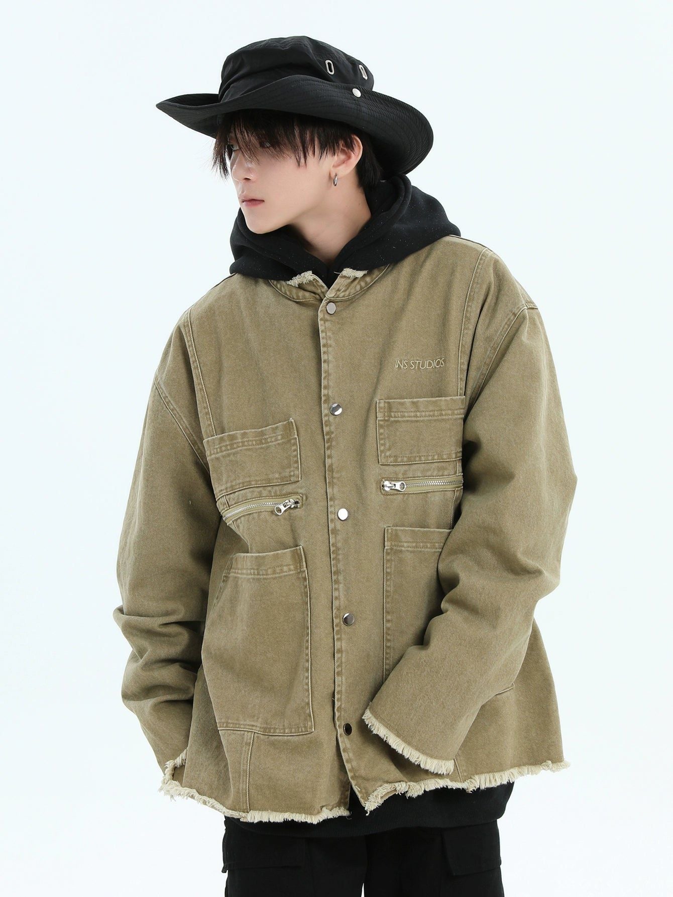 Multi-Pocket Frayed Denim Jacket Korean Street Fashion Jacket By INS Korea Shop Online at OH Vault