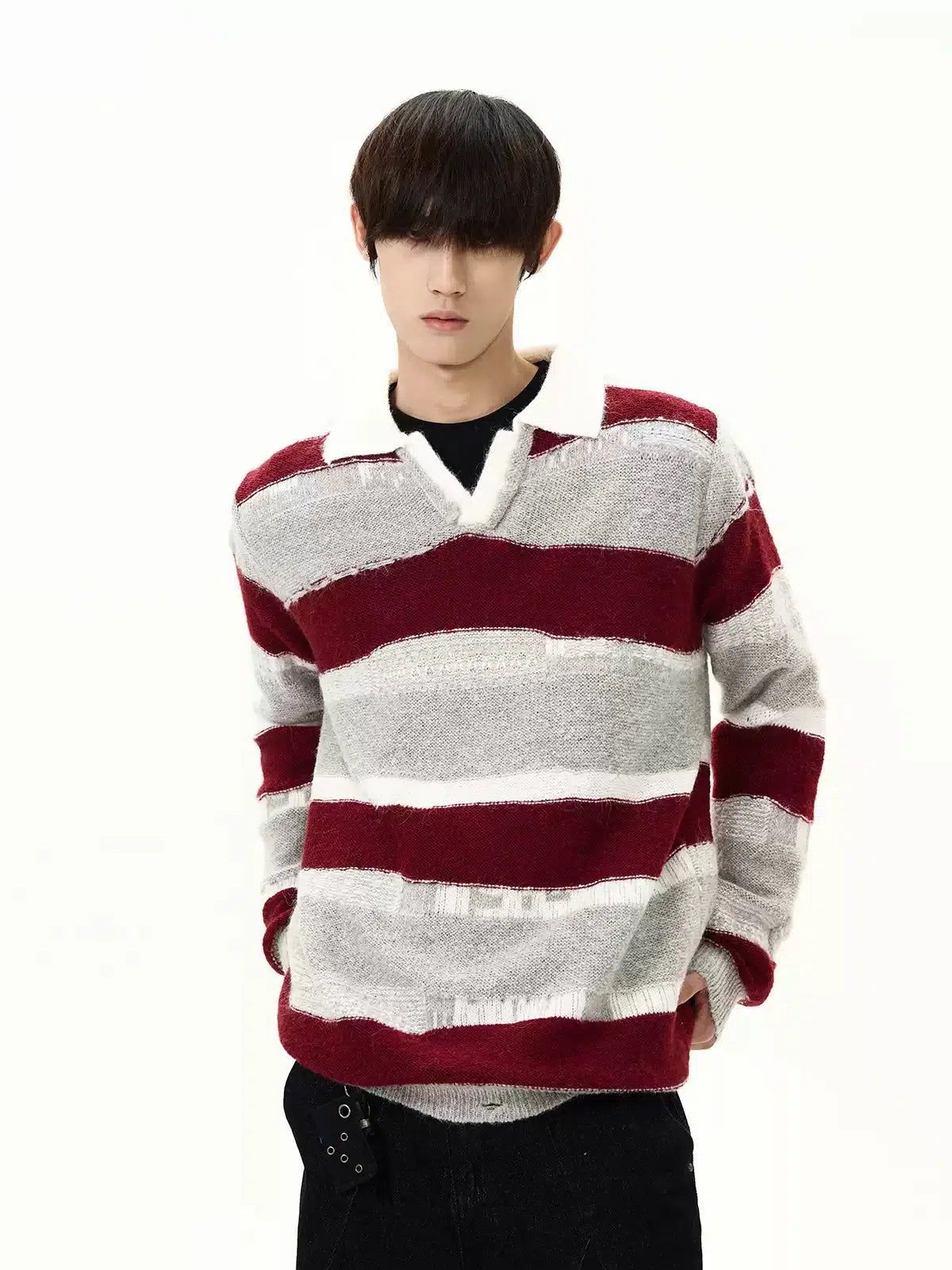 Contrast Striped Collared V-Neck Sweater Korean Street Fashion Sweater By A PUEE Shop Online at OH Vault