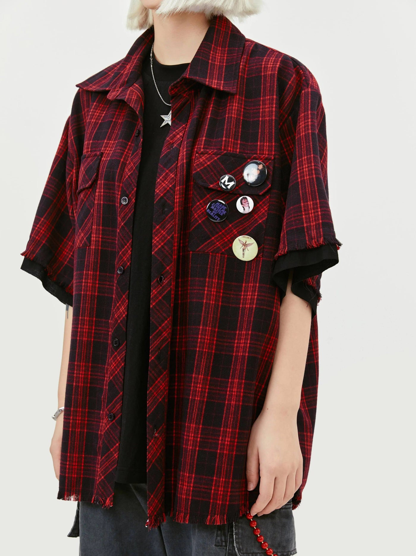 Layered 2-in-1 T-Shirt & Plaid Shirt Korean Street Fashion Shirt By Made Extreme Shop Online at OH Vault