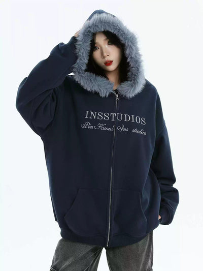 Embroidered Fur Lined Hood Zipped Hoodie Korean Street Fashion Hoodie By INS Korea Shop Online at OH Vault