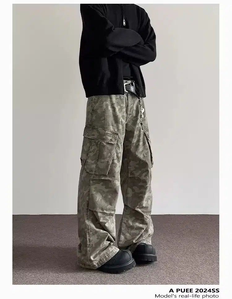 Pleated Flared Camo Cargo Pants Korean Street Fashion Pants By A PUEE Shop Online at OH Vault