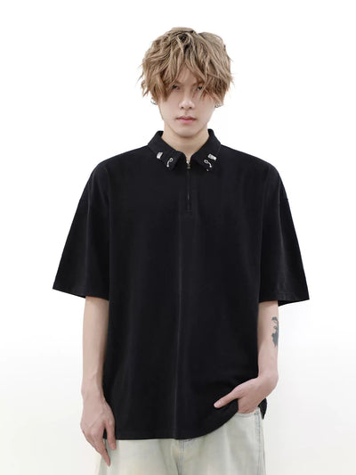 Metal Collar Detail Zipped Polo Korean Street Fashion Polo By Mr Nearly Shop Online at OH Vault