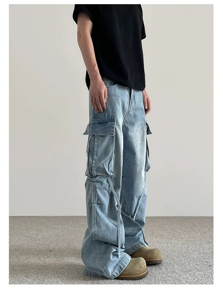 Strappy Pleated Cargo Jeans Korean Street Fashion Jeans By A PUEE Shop Online at OH Vault