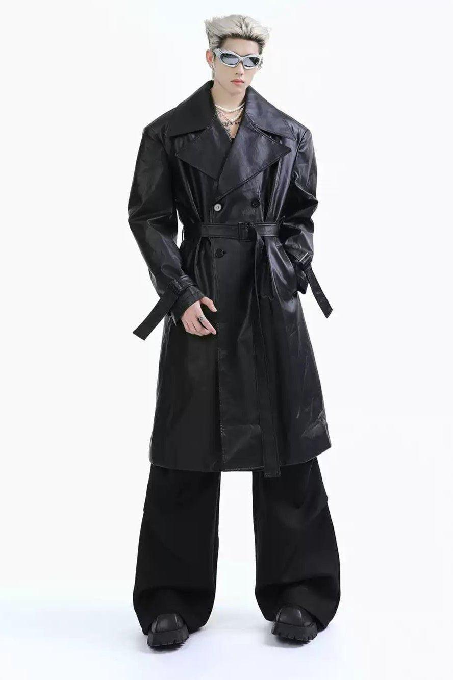 Waist Belt Leather Long Coat Korean Street Fashion Long Coat By Turn Tide Shop Online at OH Vault