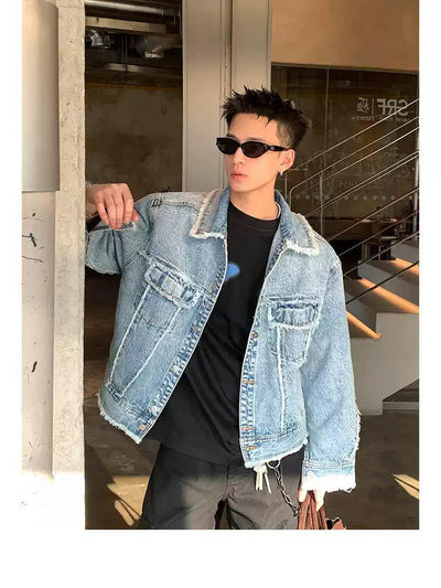 Raw Edge Flap Pocket Denim Jacket Korean Street Fashion Jacket By Poikilotherm Shop Online at OH Vault