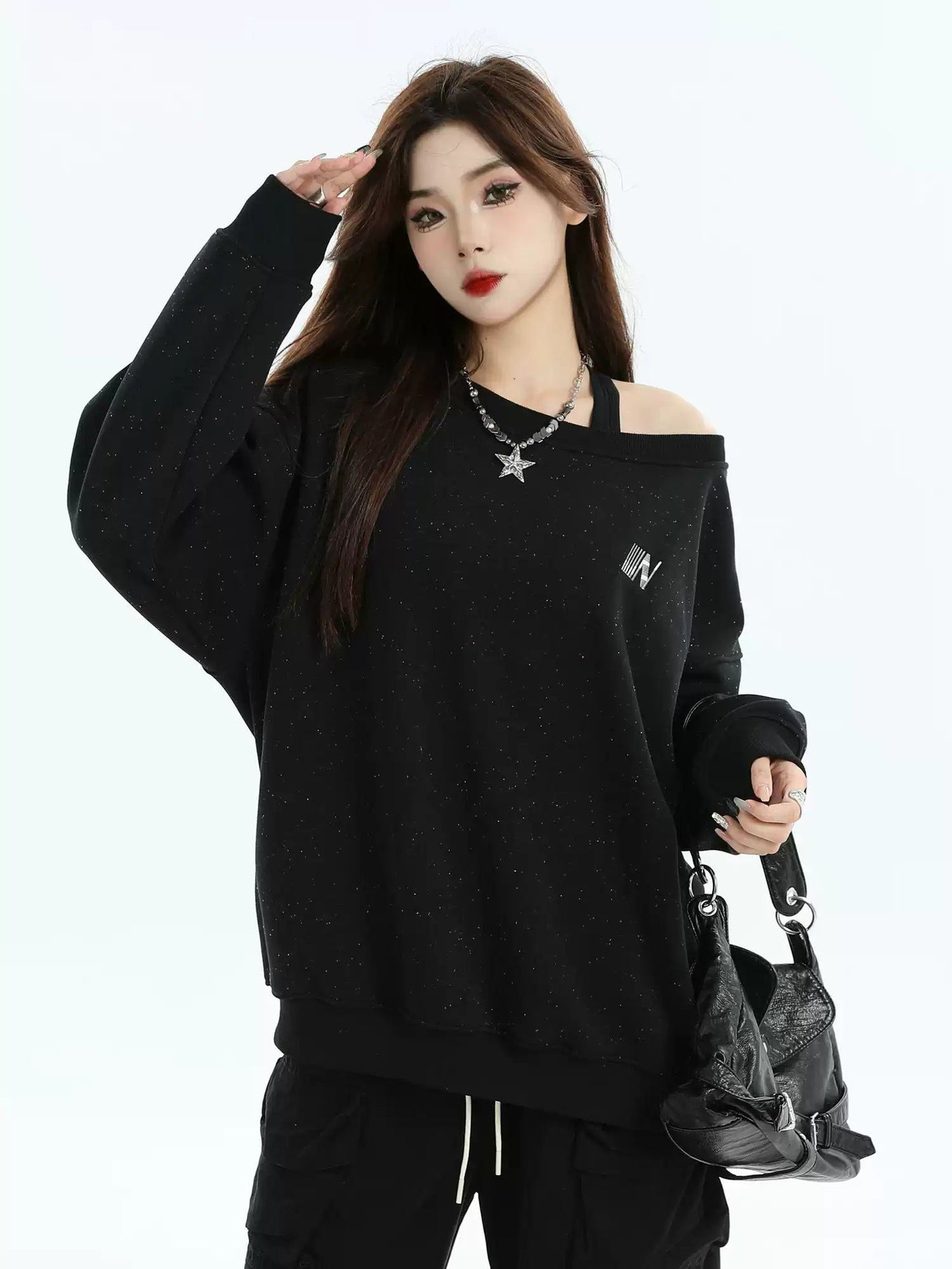 Side Off Shoulder Crewneck Korean Street Fashion Crewneck By INS Korea Shop Online at OH Vault