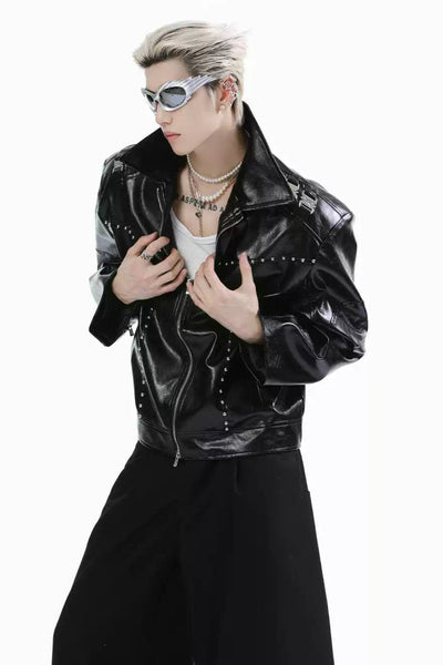 Metallic Detailed PU Leather Jacket Korean Street Fashion Jacket By Turn Tide Shop Online at OH Vault