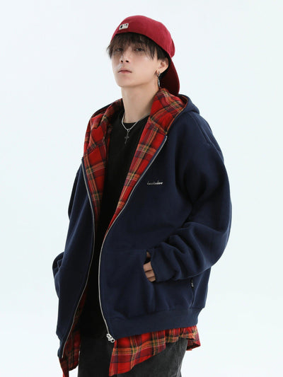 Plaid Layer Zipped Hoodie Korean Street Fashion Hoodie By INS Korea Shop Online at OH Vault