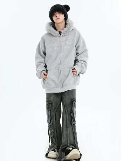 Embroidered Fur Lined Hood Zipped Hoodie Korean Street Fashion Hoodie By INS Korea Shop Online at OH Vault