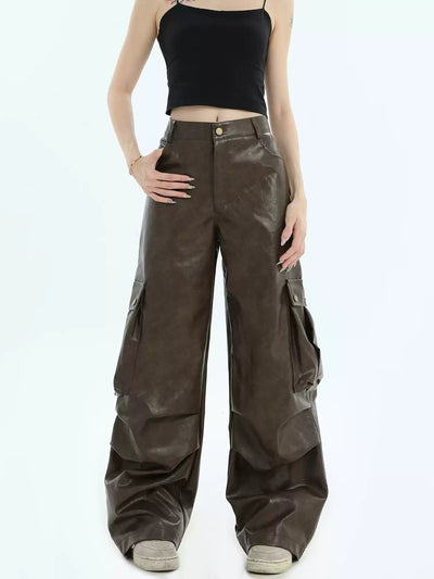 Wide Pocket PU Leather Cargo Pants Korean Street Fashion Pants By INS Korea Shop Online at OH Vault