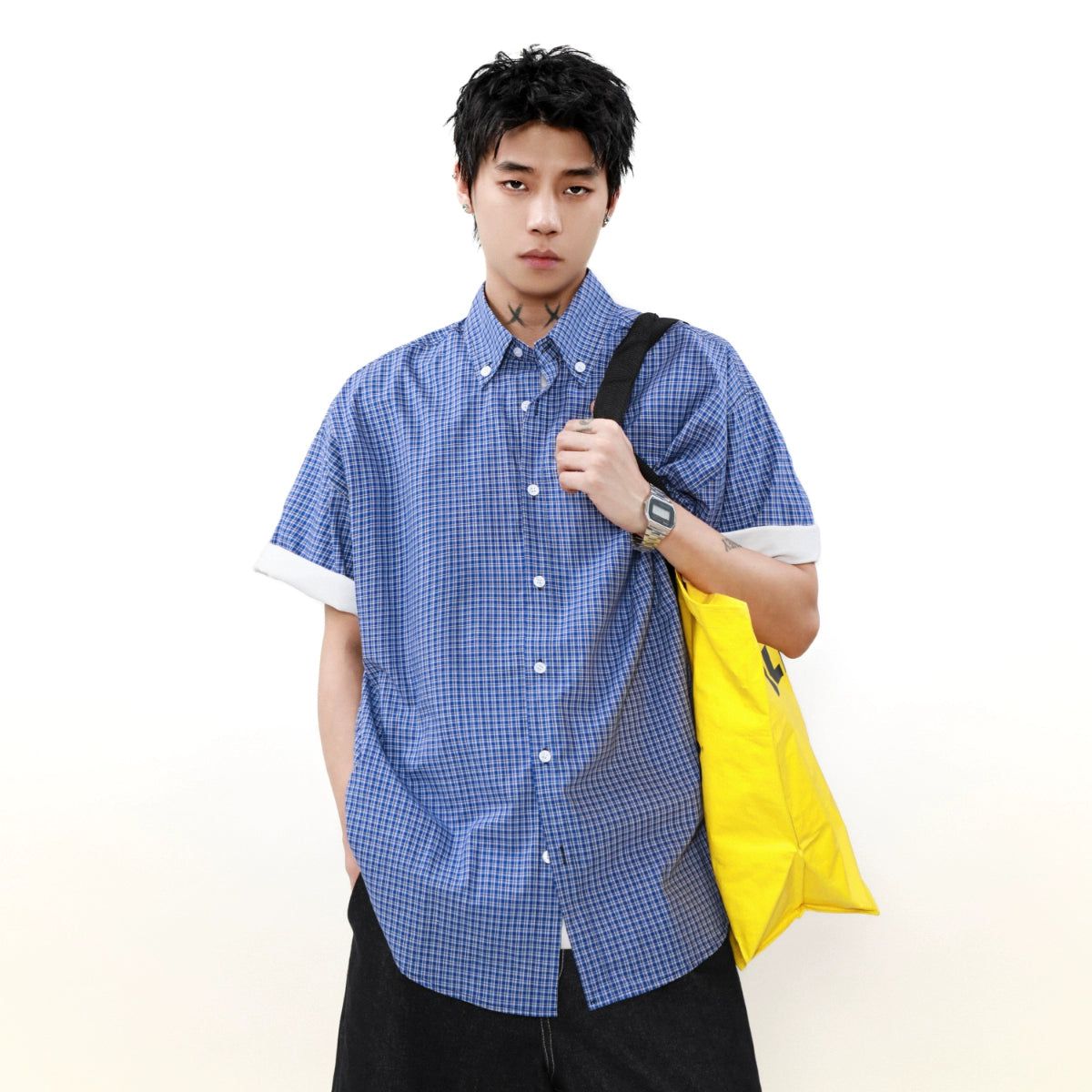 Folded Sleeve Grid Shirt Korean Street Fashion Shirt By Mr Nearly Shop Online at OH Vault