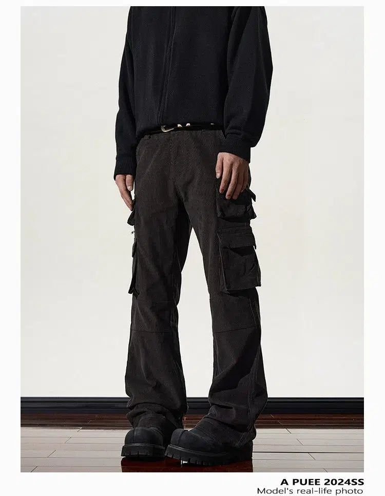 Corduroy Slim Fit Flared Cargo Pants Korean Street Fashion Pants By A PUEE Shop Online at OH Vault