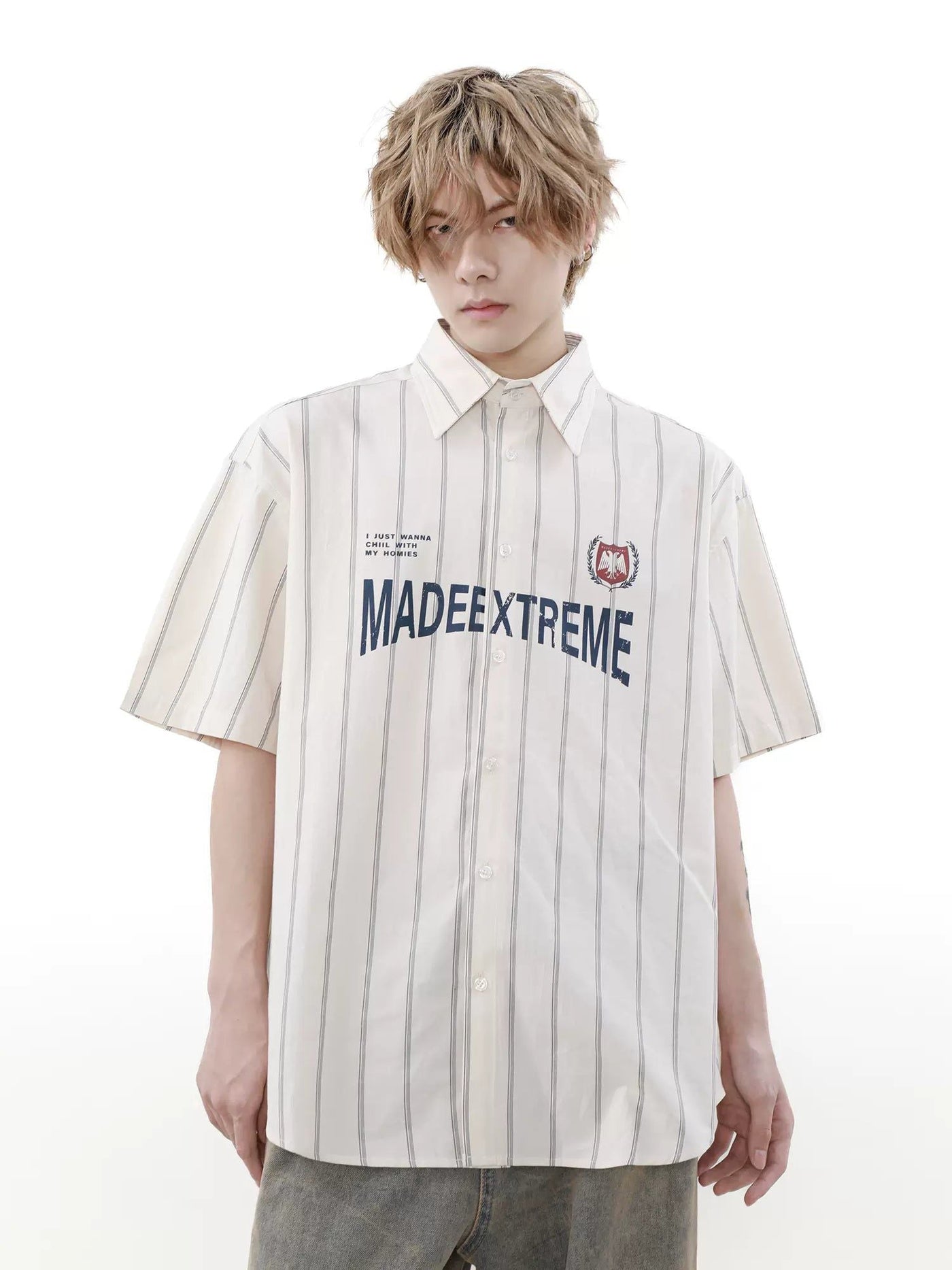 Text Print Striped Shirt Korean Street Fashion Shirt By Mr Nearly Shop Online at OH Vault