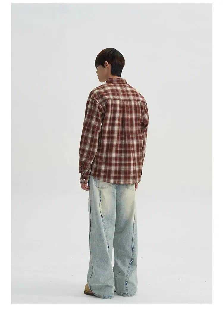 Wide Shoulder Plaid Flannel Shirt Korean Street Fashion Shirt By A PUEE Shop Online at OH Vault