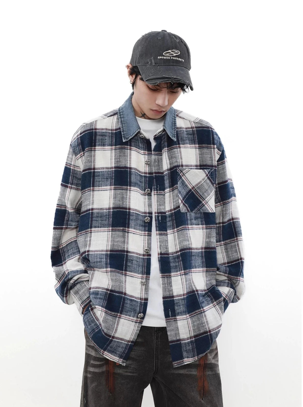 Denim Collar Plaid Shirt Korean Street Fashion Shirt By Mr Nearly Shop Online at OH Vault