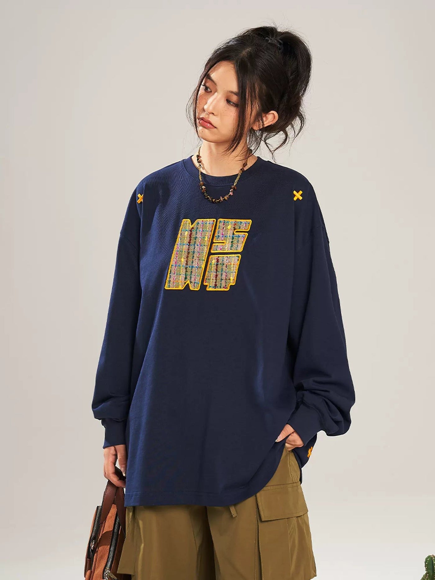 Stitched Pattern Detail Crewneck Korean Street Fashion Crewneck By New Start Shop Online at OH Vault