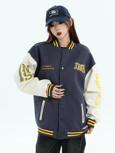 Varsity Style PU Leather Jacket Korean Street Fashion Jacket By INS Korea Shop Online at OH Vault