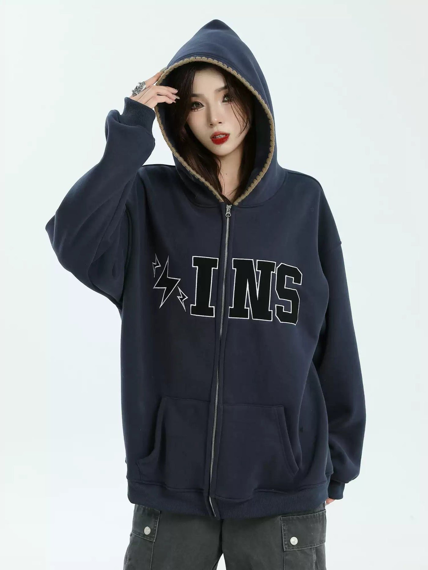 Thunder and Logo Zipped Hoodie Korean Street Fashion Hoodie By INS Korea Shop Online at OH Vault