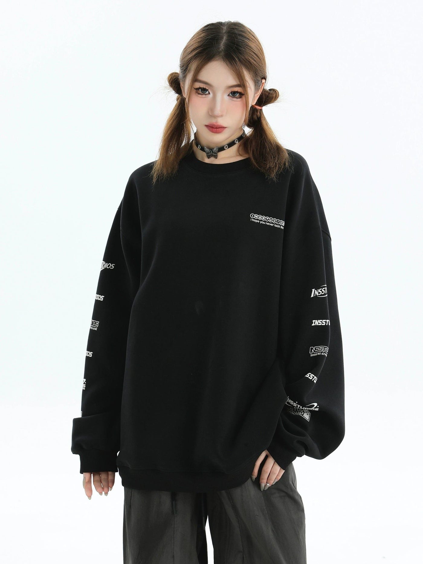 Lettered Logo Contrast Crewneck Korean Street Fashion Crewneck By INS Korea Shop Online at OH Vault