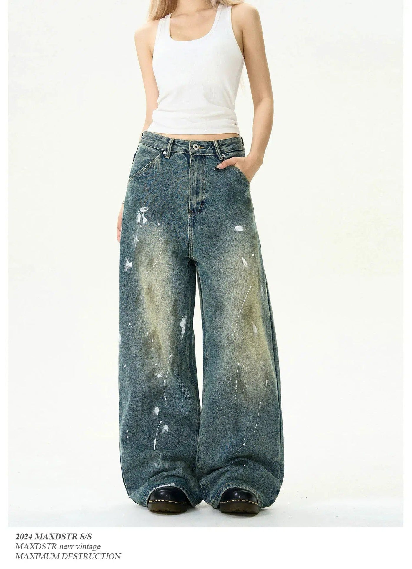 Paint Smudged Straight Jeans Korean Street Fashion Jeans By MaxDstr Shop Online at OH Vault