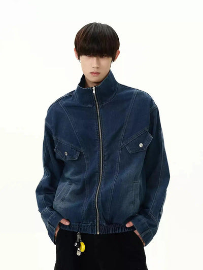 Washed Structured Zipped Denim Jacket Korean Street Fashion Jacket By A PUEE Shop Online at OH Vault