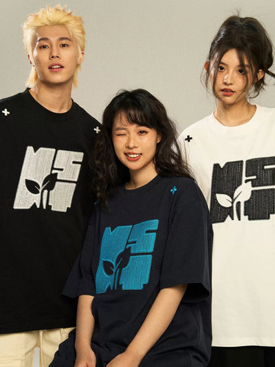 Textured Stitch Logo T-Shirt Korean Street Fashion T-Shirt By New Start Shop Online at OH Vault