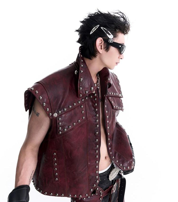 Rivet PU Leather Vest & Spliced Contrast Pants Set Korean Street Fashion Clothing Set By Slim Black Shop Online at OH Vault