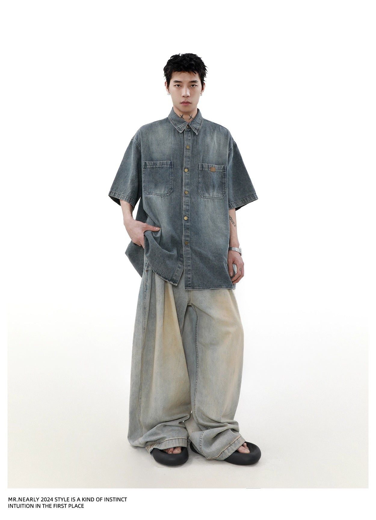 Faded Effect Front Pocket Denim Shirt Korean Street Fashion Shirt By Mr Nearly Shop Online at OH Vault