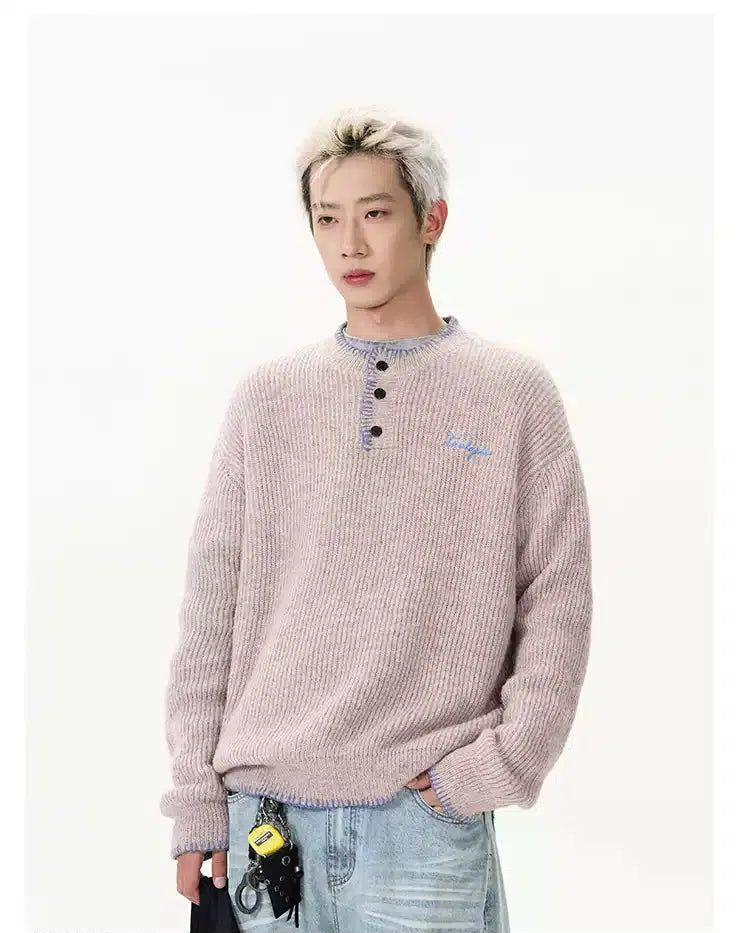 Contrast Collar Buttoned Sweater Korean Street Fashion Sweater By A PUEE Shop Online at OH Vault