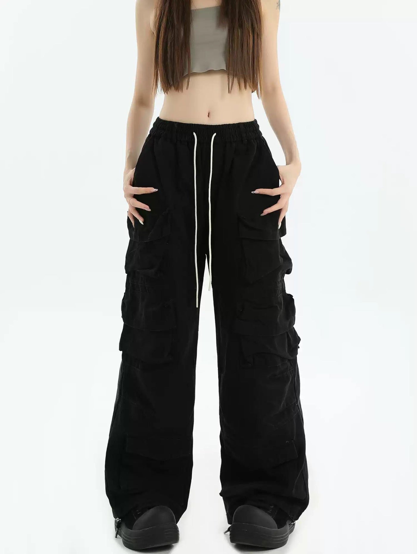 Multi-Pocket Drawstring Cargo Pants Korean Street Fashion Pants By INS Korea Shop Online at OH Vault